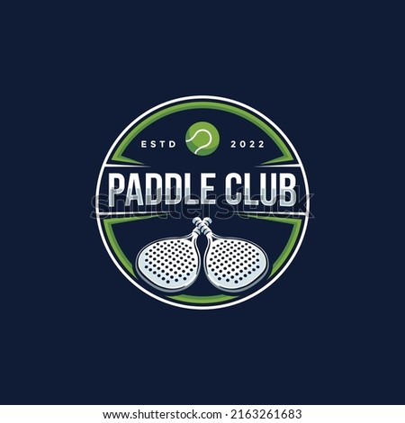 Badge emblem Paddle Tennis club logo design, paddle racket and ball vector on dark background