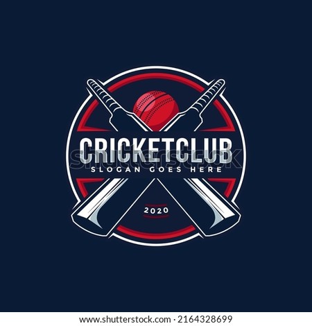 Badge emblem Cricket logo, cricket team sport design, sticks and cricket ball vector on dark background