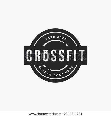 Vintage monochrome fitness gym CrossFit emblem logo on white background