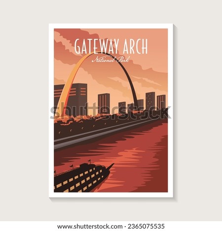 Gateway Arch National Park poster illustration, beautiful big river city scenery poster design