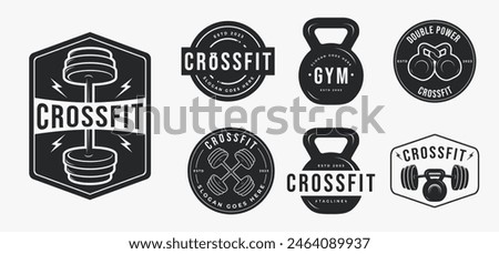 Set of Vintage monochrome fitness gym CrossFit emblem logo on white background