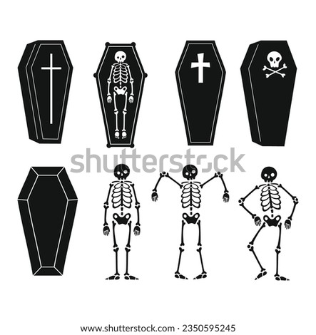 Vector illustration coffin and skeleton Halloween theme silhouette isolated on white background