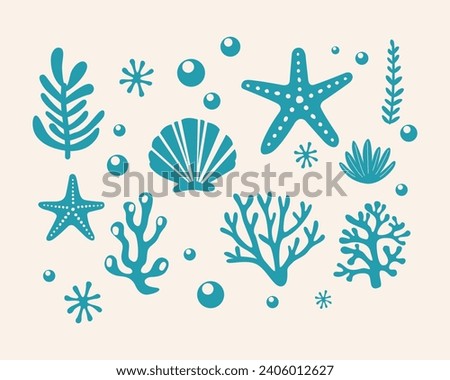 Marine life illustration pattern vector coral, shell, scallop, starfish, deep sea background layout silhouette printable