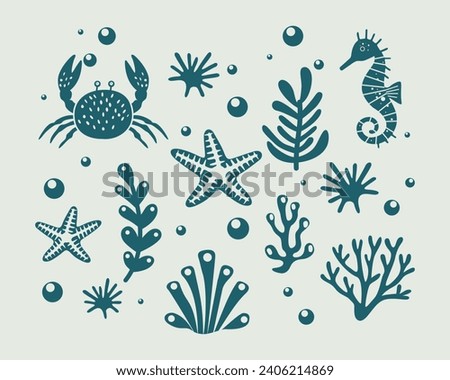 Marine life illustration pattern vector coral, shell, scallop, starfish, deep sea background layout silhouette printable	