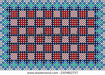 A pattern of blue-tone polka dots arranged in a diamond-shaped pattern on the outside and a pattern of red-tone polka dots arranged in a red-toned grid pattern on the inside.