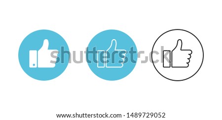 Thumb up blue circle isolated vector icons on white background. Button with thumb up for web design. Linear icon, outline hand icon. EPS 10