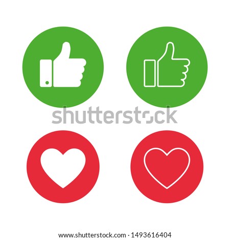 Thumb up on green circle and heart on red circle isolated on white background. Hand icon. Flat button. Web button. Linear button. EPS 10