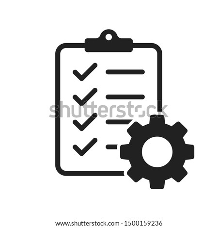 Clipboard with gear isolated icon. Technical support check list icon. Management flat icon concept. Software development. EPS 10 商業照片 © 