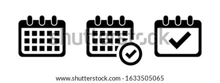 Calendar vector set of icons. Calendar reminder vector black symbol. Calendar with checkmark and clock. EPS 10