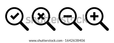 Loupe icons. Vector isolated symbols. Checkmark cross minus plus icons. Magnifying glass icon vector. Magnifying glass symbol. Check icon vector. Round button. EPS 10