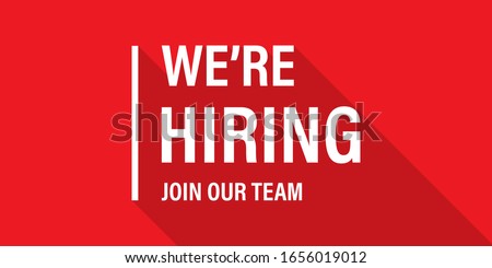 We're hiring red vector banner. Employee vacancy announcement. Illustration isolated. Business recruiting concept. EPS 10 Foto stock © 