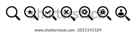 Magnifying glass loupe. Search check, cross, bug, people, star, settings collection icons. Magnifier loupe elements. Stock vector. EPS 10