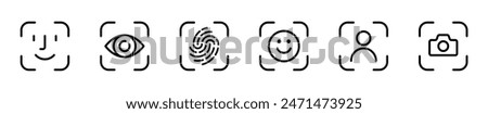 Recognition, scan identification icon set. Face security, id biometric icons collection. Vector