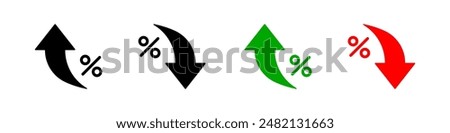 Percent arrow icon. Growth, increase, decrease arrow filled icons. Up arrows, down arrows. Vector