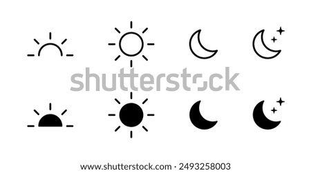 Sun and moon icons set. Dark and light mode symbol. Daytime sunset, sun, moon icon set. Vector