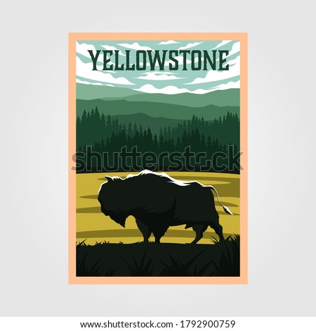 bison on yellowstone national park vintage poster vector illustration, travel poster design ストックフォト © 