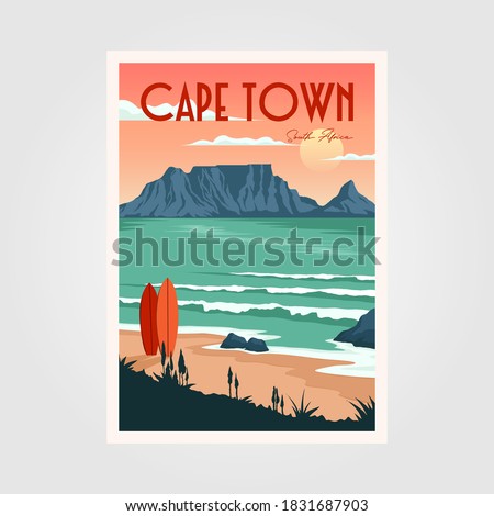 table mountain view in cape town vintage poster illustration design, vintage surf poster design