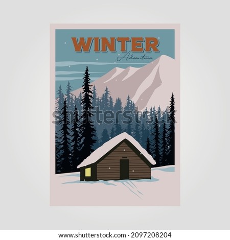 cabin winter landscape vector poster illustration design, snowy background flat illustration design