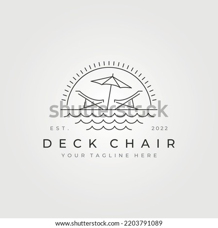 deck chair on the beach line art logo vector illustration design, deck chair with sunset symbol design
