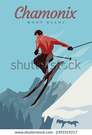 jumping skier extreme winter sport. ski travel vintage poster in chamonix mont blanc vector illustration design