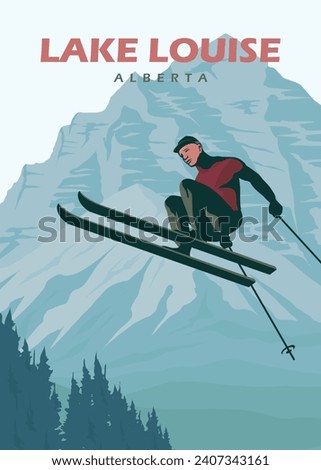 jumping skiers illustration poster design, lake louise vintage poster design