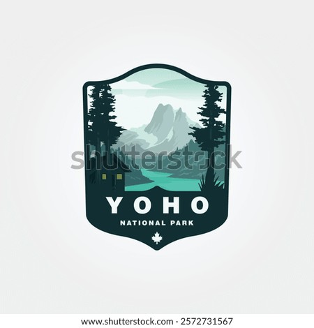 Yoho National Park scenery of mountains, trees, water, and a cabin. Suitable for travel blogs, outdoor magazines, logo print design, and naturethemed designs.