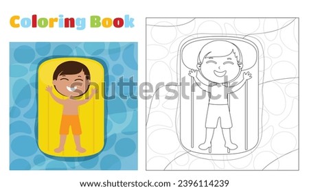 Coloring page. A happy boy lies on an inflatable mattress on the water and sunbathes. The child is wearing shorts and smiling. Summer holiday cartoon style top view.