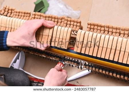 Similar – Image, Stock Photo Craftsman tuning string instrument in workshop
