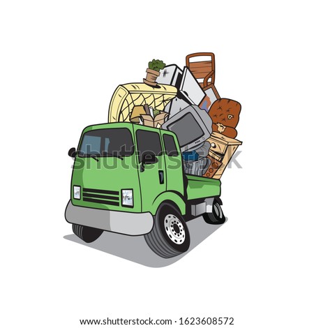 Vector of Cartoon pickup truck loaded full of household junk design eps format, suitable for your design needs, logo, illustration, animation, etc.