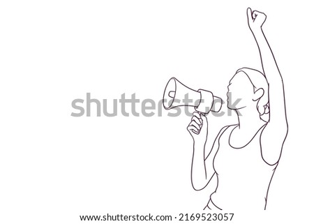 Female activist shouting on a megaphone. woman with raised hand shouting. hand drawn style vector illustration
