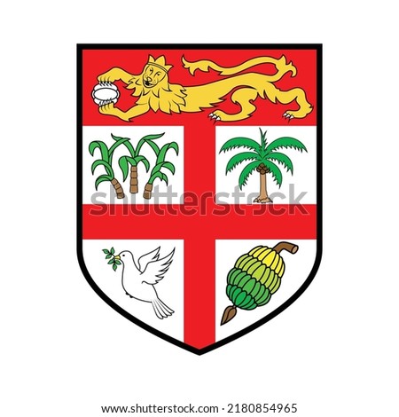 Coat of arms of Fiji - Fiji flag national symbol vector Fiji emblem logo, Coat of arms shield logo - National symbol of Fiji land - Lion, Dove, a bunch of banana, dove of peace, coconut, sugarcane