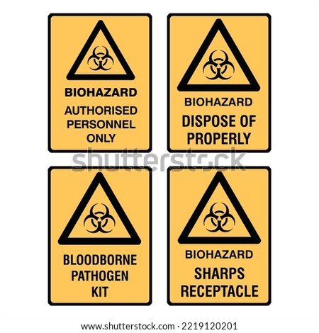 Biohazard Signs - International Warning Signs - Caution Signs - Hazard Signs - Bloodborne kit, Sharps receptacle, Authorised Personnel, Triangle Yellow Portrait Vector Sign.