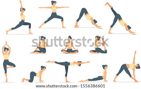 Set of slim sportive young woman doing yoga & fitness exercises. Healthy lifestyle. Collection of female cartoon characters demonstrating various yoga positions isolated on white background - Vector 