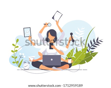 Vector business illustration concept of businesswoman practicing meditation. Girl with many arms sits in the Yoga lotus position and doing many tasks at the same time. Multitasking. Time management.