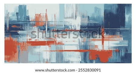 Abstract painting features textured brushstrokes with a mix of cool blues, warm orange, and white. Vertical and horizontal lines intersect, evoking a layered urban or reflective water landscape