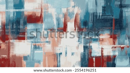 Dynamic abstract compositions with bold brushstrokes and intersecting cool blues, vibrant reds, and soft whites. Energetic layering evokes movement, harmony, and depth in an urban-inspired atmosphere