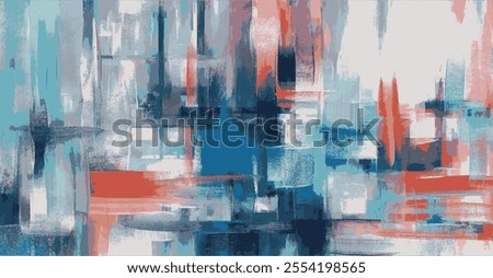 Abstract brushstrokes, intersecting cool blues, vibrant reds, and soft whites. Layering evokes movement, harmony, urban-inspired atmosphere. Energetic strokes and intersecting lines create depth