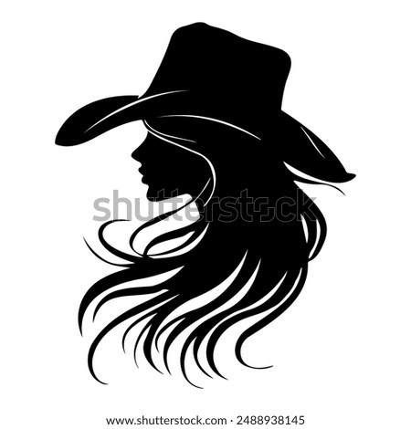 Cowgirl portrait in cowboy hat, black silhouette western vector illustration.