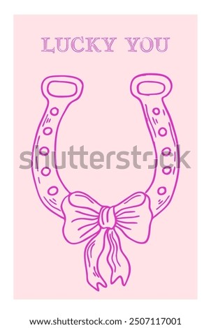 Cowgirl western art. Coquette aesthetic. Horseshoe with a charming bow trendy poster. Hand drawn pink line art vector illustration.