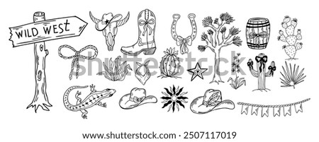 Wild west doodles clipart. Cowgirl western coquette aesthetic. Horseshoe, cactus, cowboy boots and hats with bow. Hand drawn black outline western core vector illustration.