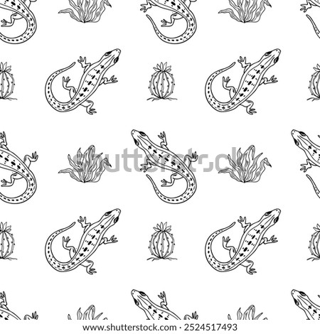 Cactus and lizard seamless pattern. Hand drawn black outline western core vector illustration.