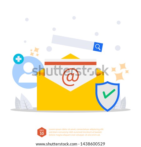 email inbox vector concept. electronic message with add account, shield, and search item services. mail message idea as part of business marketing. flat style illustration and eps 10