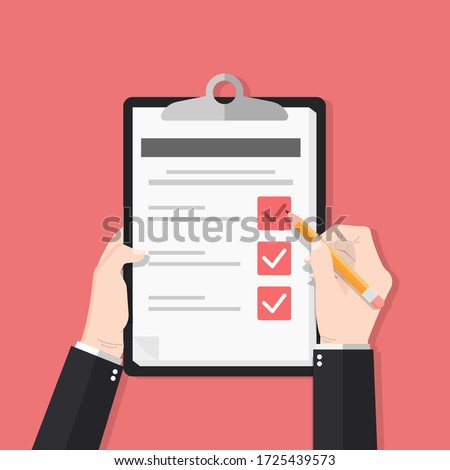 Survey form with pencil vector illustration. Hand holding and fill check list on paper sheet clipboard. quiz form idea, interview assessment, passed questionnaire, isolated on color background.