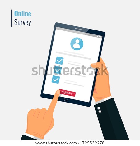 Survey form online vector illustration. Hand holding and fill questionnaire on tablet screen. quiz form idea, interview assessment, passed questionnaire, isolated on color background.
