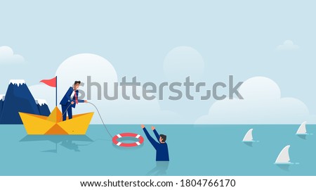 Business help symbol other with lifebuoys vector illustration. Bankruptcy and government bailout with businessman on paper boat and drowning man in life preserver. 