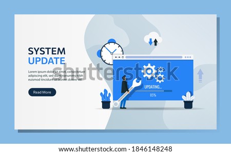 Landing page template of system update concept. Man character uses wrench to upgrade software vector illustration. 