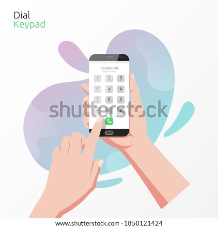 Hand holding smartphone with dial keypad app concept. Technology for calling with liquid background vector illustration.