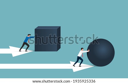 Smart work and efficiency concept. Businessman rolling sphere rock while another pushing cube stone illustration.