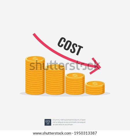 Costs reduction, costs cut, costs optimization business concept. Coin stacks with descending curve or arrow vector illustration.