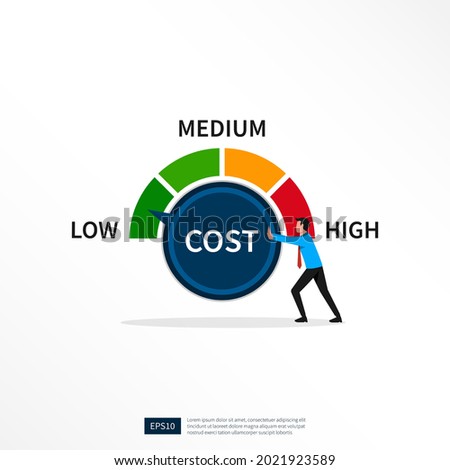 Businessman turning cost dial to a low illustration. Cost reduction, cost cutting and efficiency concept 